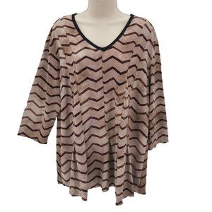 Shannon Ford New York Womens Brown Tan Geo Zig Zag Print V Neck Peplum Blouse 1X